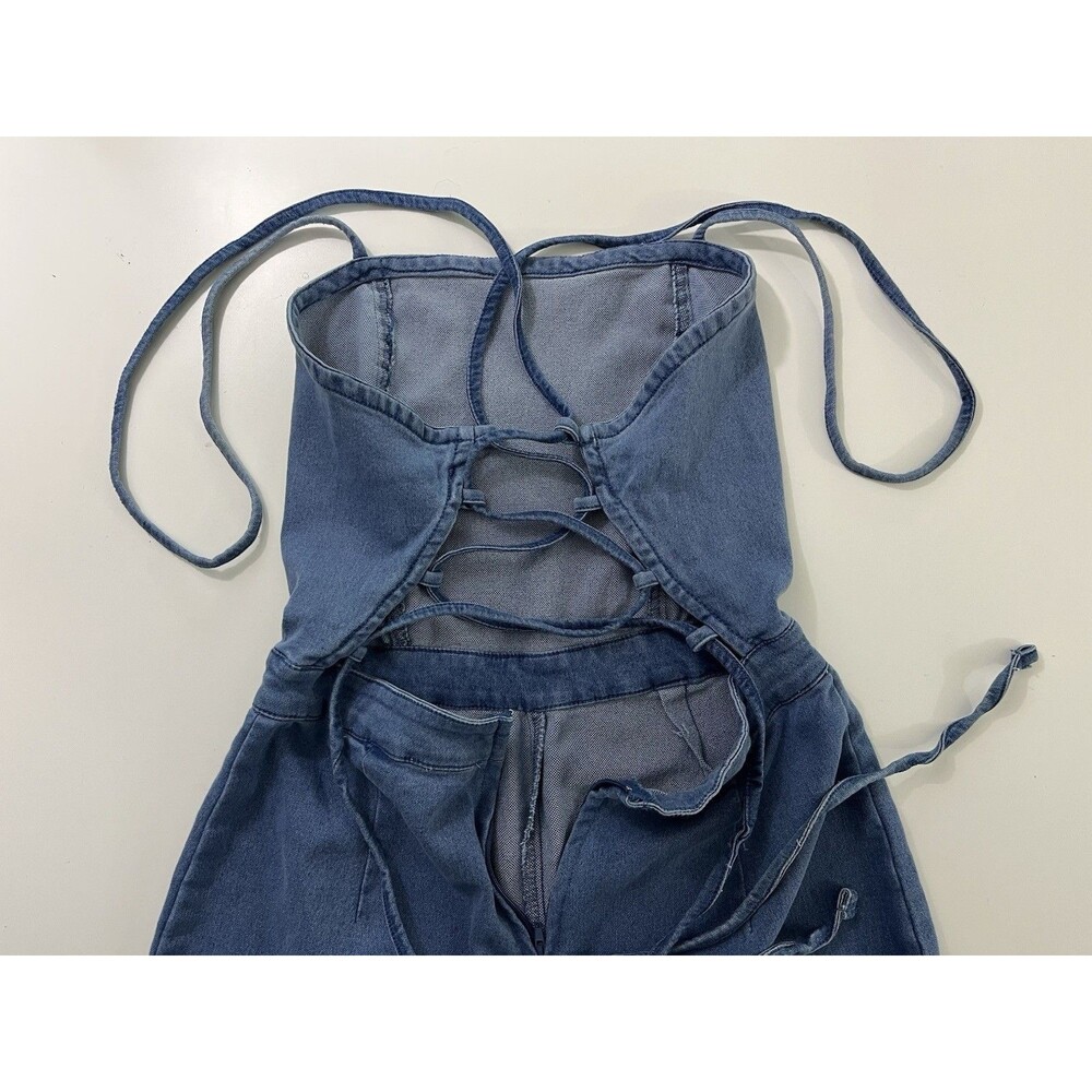 Derek Heart Denim Stretch Jumper Lace Up Back Women’s Sz M - Picture 5 of 10